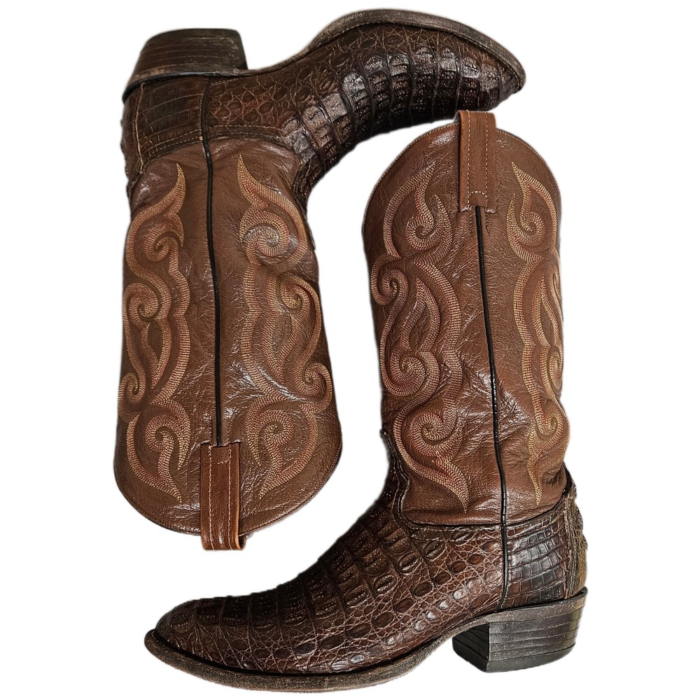 Exotic Vintage 90s Tony Lama Brown Hornback Caiman Leather Cowboy Boots 9.5 EE